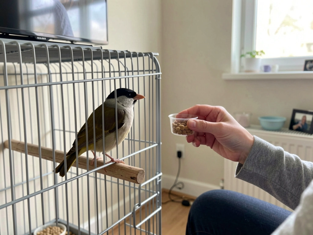 Eye-level mynah training cage setup with a treat cup and calm environment