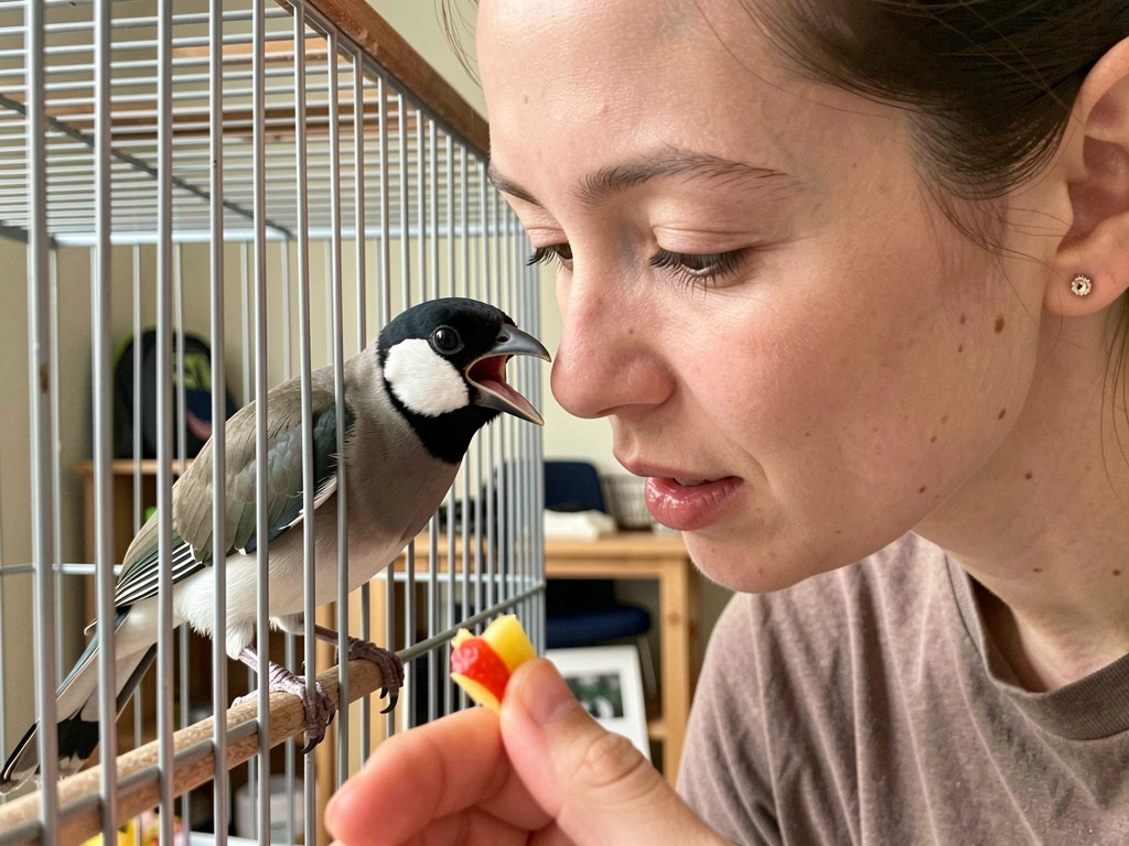 Caregiver cues a word while the mynah vocalizes and a reward is ready