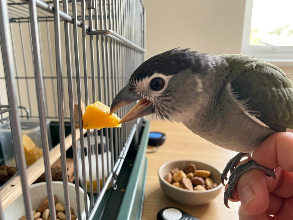 Immediate treat reward offered right after the mynah attempts the target sound