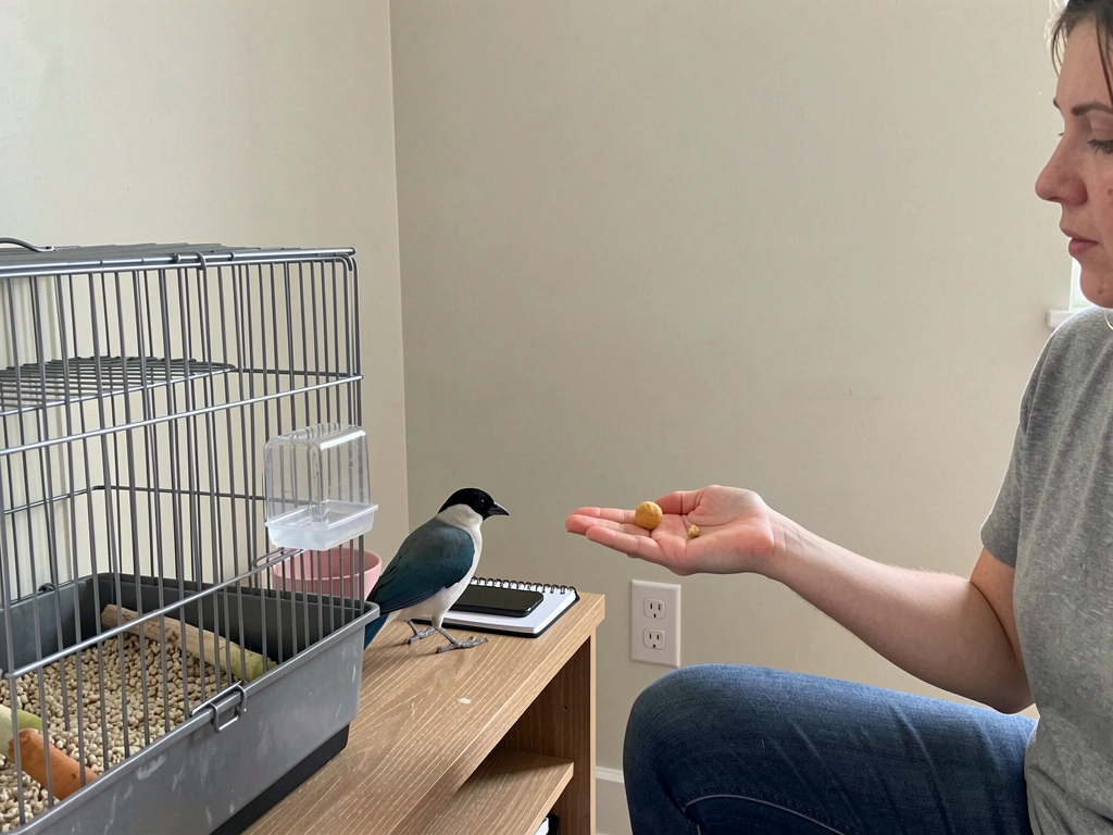 Calm bonding check setup showing low-pressure interaction for a non-talking mynah