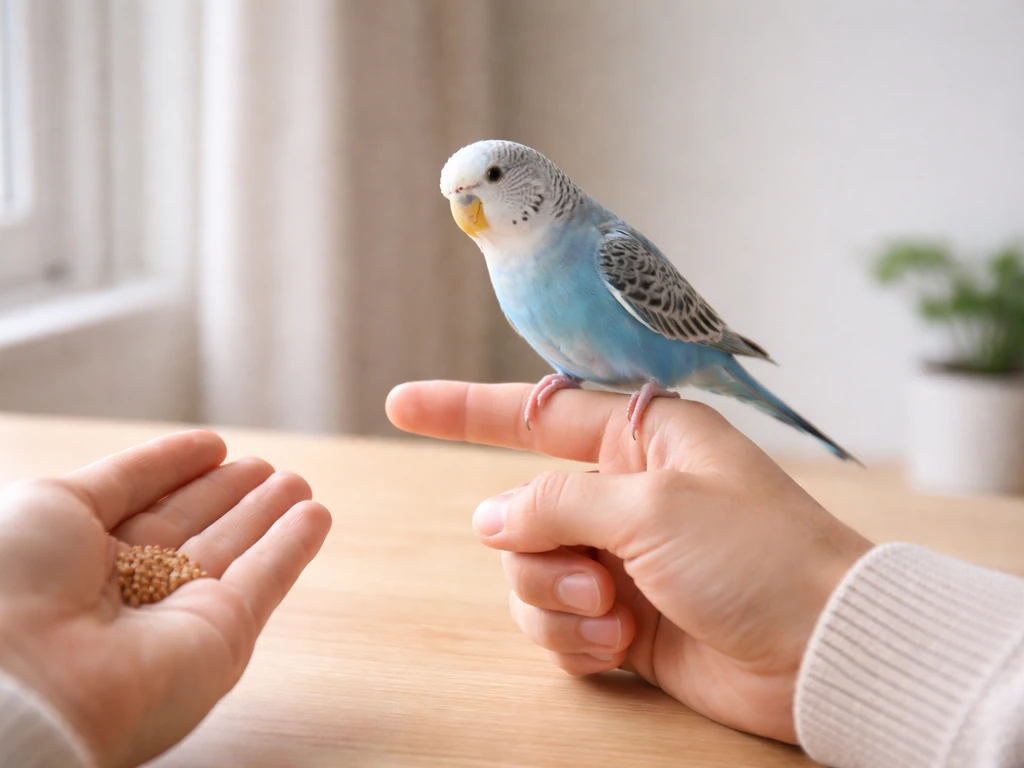 Small pet bird perched on a trainer’s hand indoors with treats nearby for recall training.