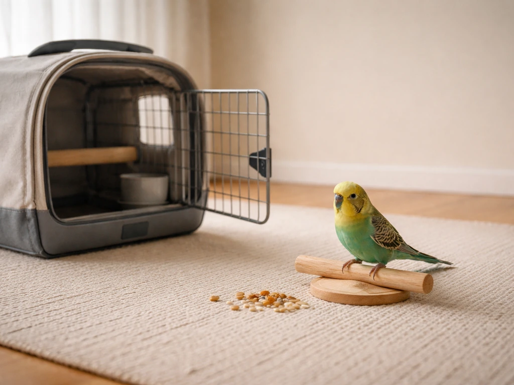 A small pet bird perched near an open cage door with a few treats on the floor in a calm living room