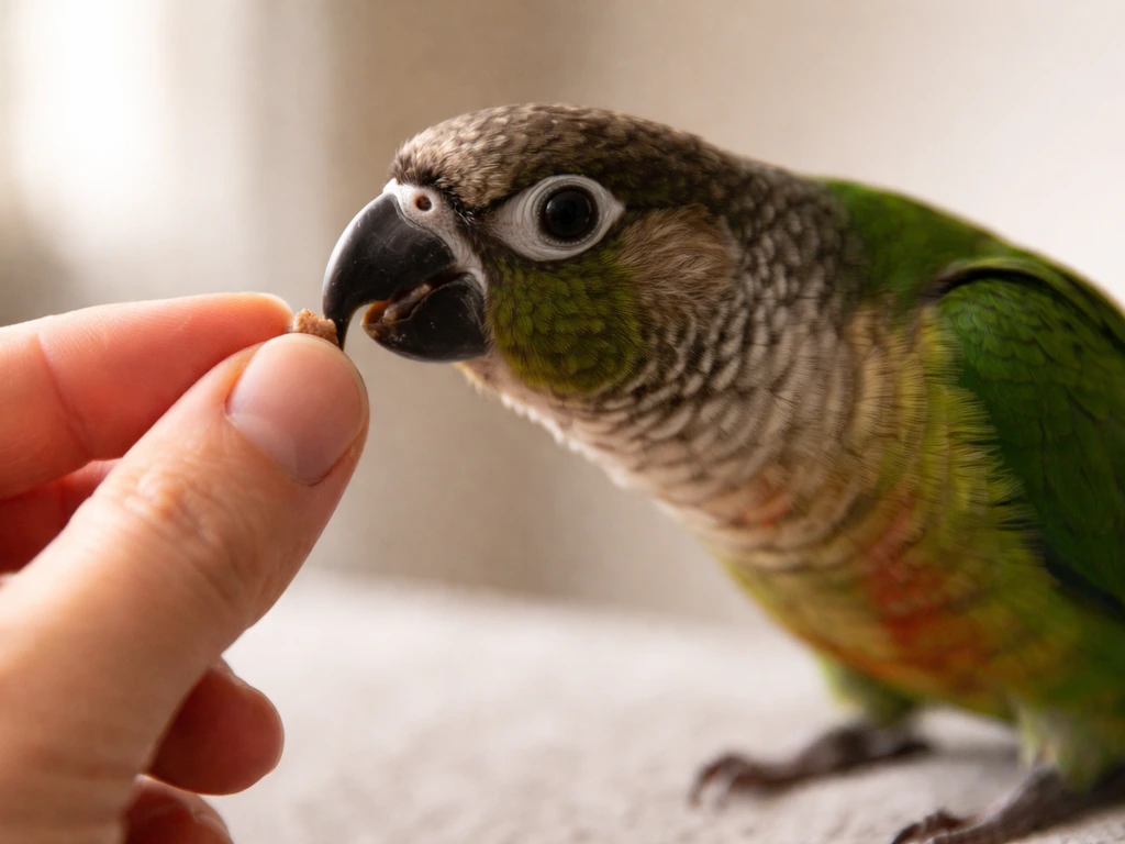 Trainer hand offering a small treat as a bird returns, close-up on cue-and-reward timing moment