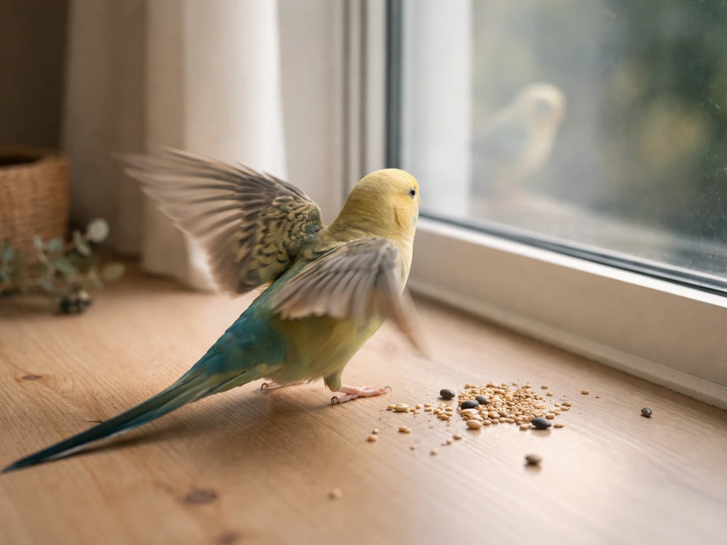 Small bird launching toward a window distraction in a bright, minimal room.