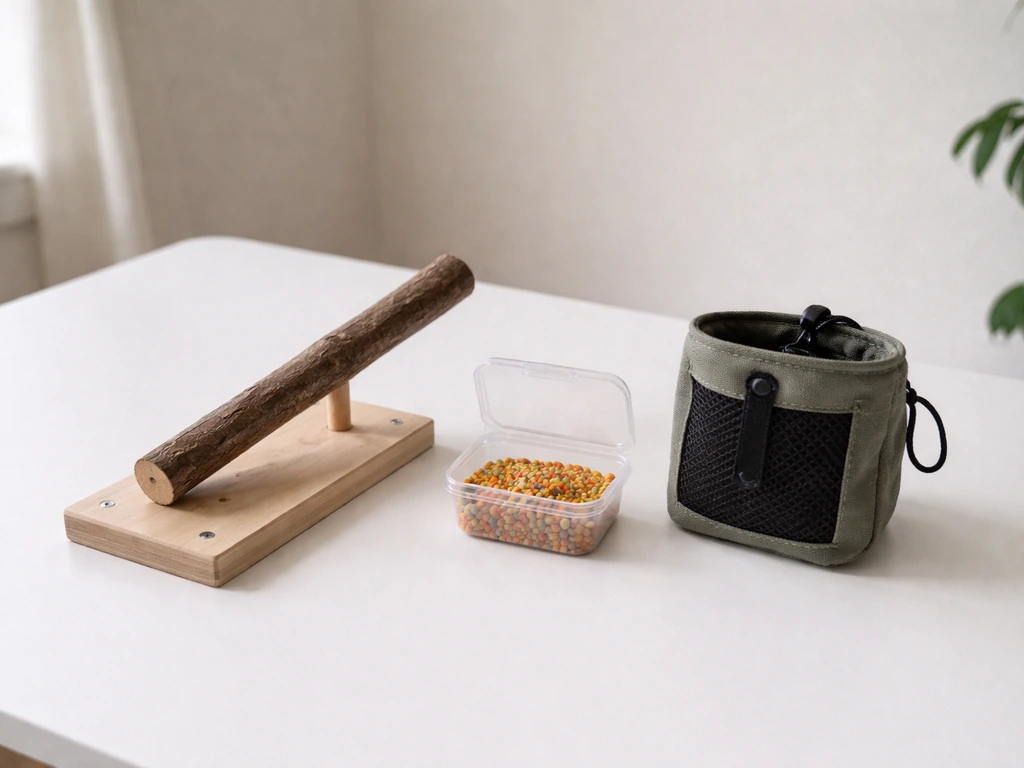 Bird training items on a table: wooden perch and treat pouch with bird-safe treats.