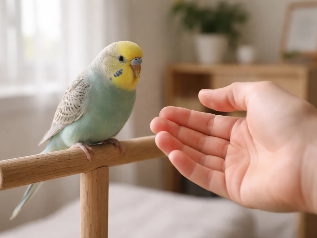 A relaxed small pet bird on a perch as an open hand offers calm, non-forced trust training.