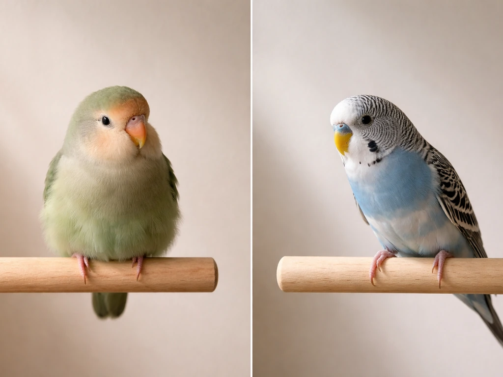Two contrasting moments of a small pet bird: relaxed with fluffed feathers and tense with slick, alert posture.
