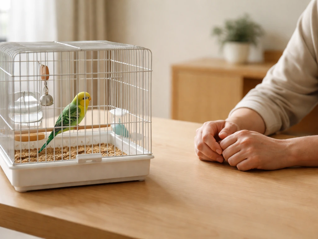 Anonymous person sitting calmly beside a bird cage in a quiet room, showing gradual trust building.