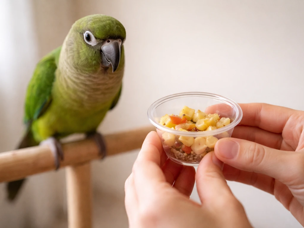 Hands offer small high-value parrot treats in a container while a parrot watches from a perch.