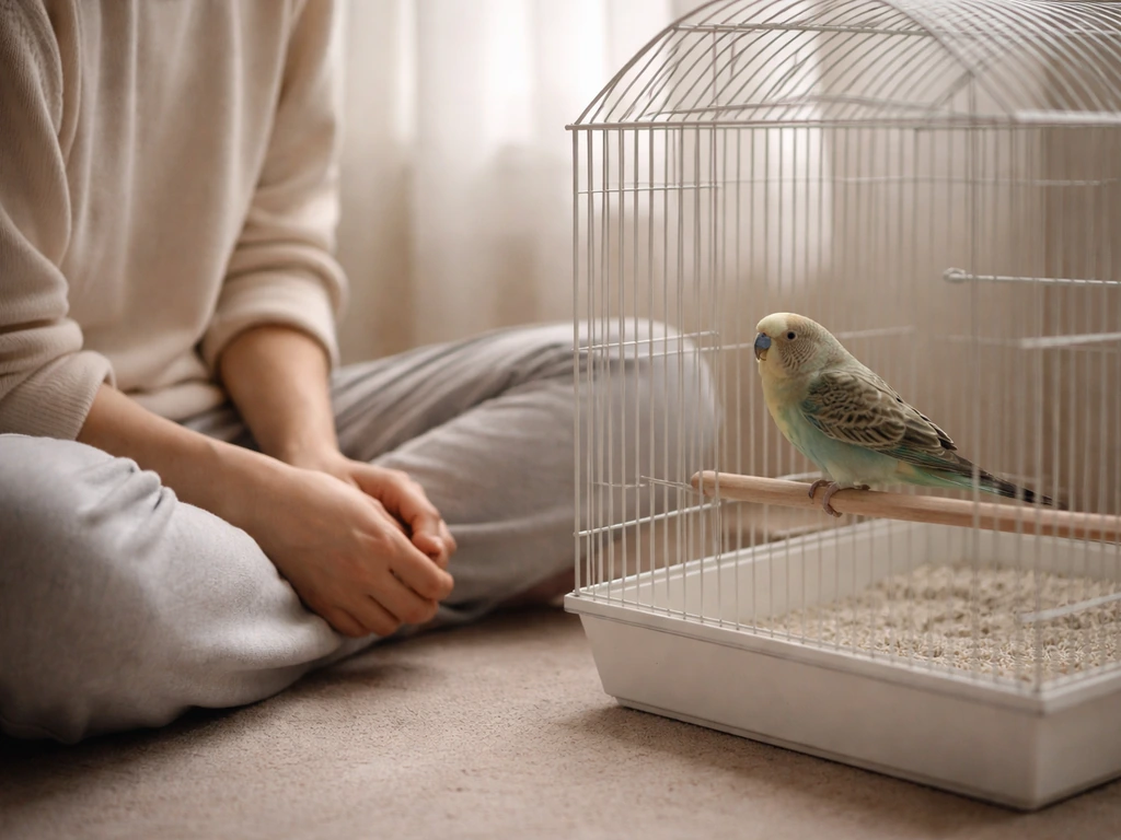 Anonymous handler sits calmly at bird level beside an open cage while a small bird leans closer.
