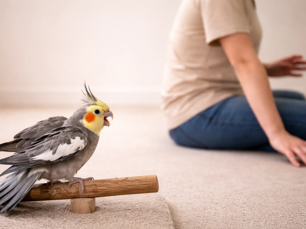 Person safely steps back with hand removed as a bird backs away, calm reset moment