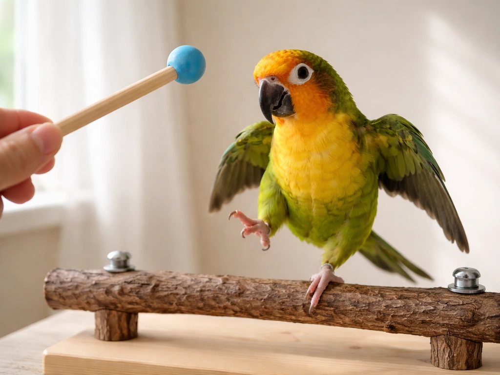 A small parrot rhythmically stepping near a target stick in a safe, simple training space.