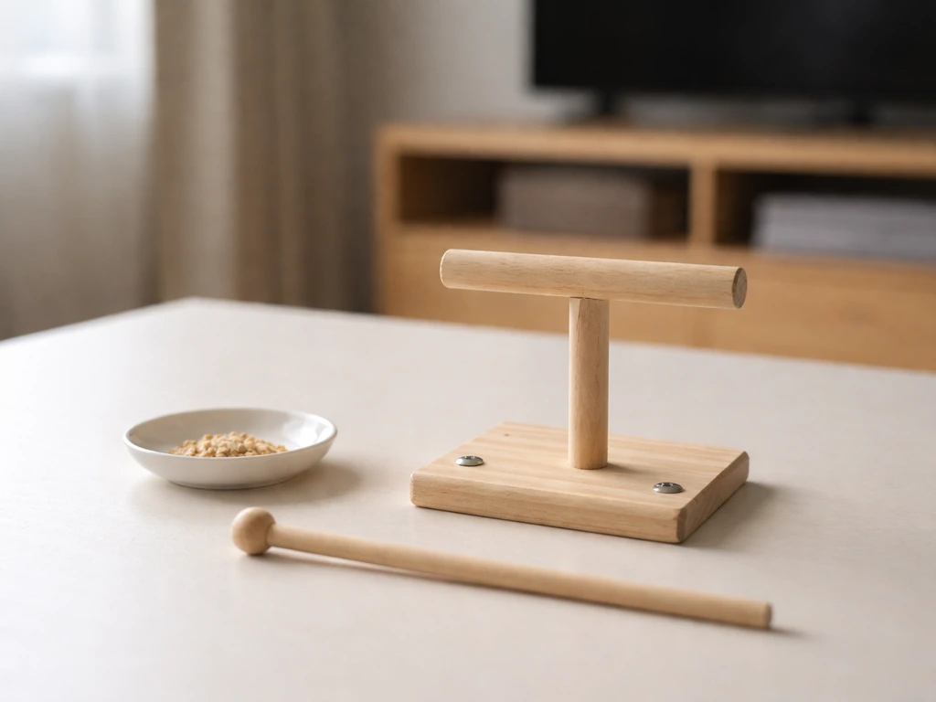 Calm bird training setup with a target stick, perch, and small treat pieces on a tabletop.