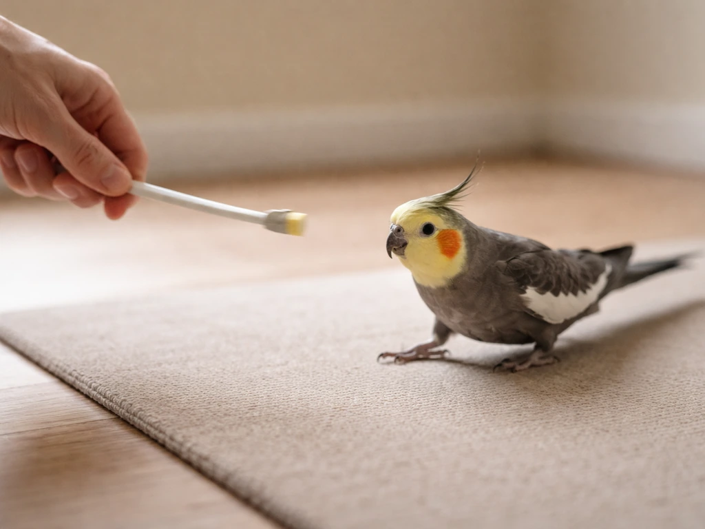 Trainer’s hand guides a pet bird as it steps left and right toward a small target