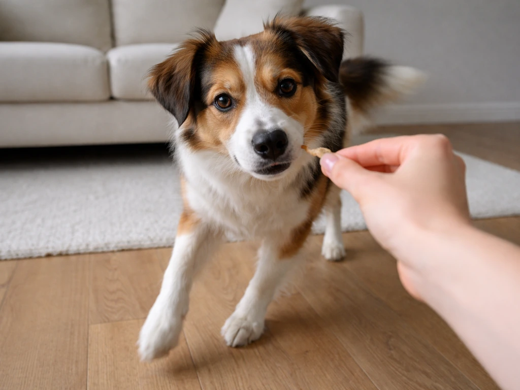 Dog training session on a wooden floor, stepping left and doing a natural head bob for treats.
