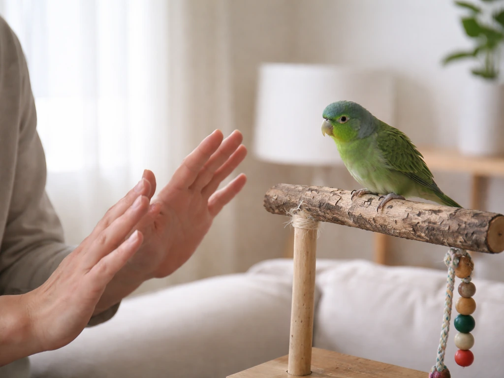 Person gently backs away from a cautious pet bird leaning away in a quiet indoor setting.