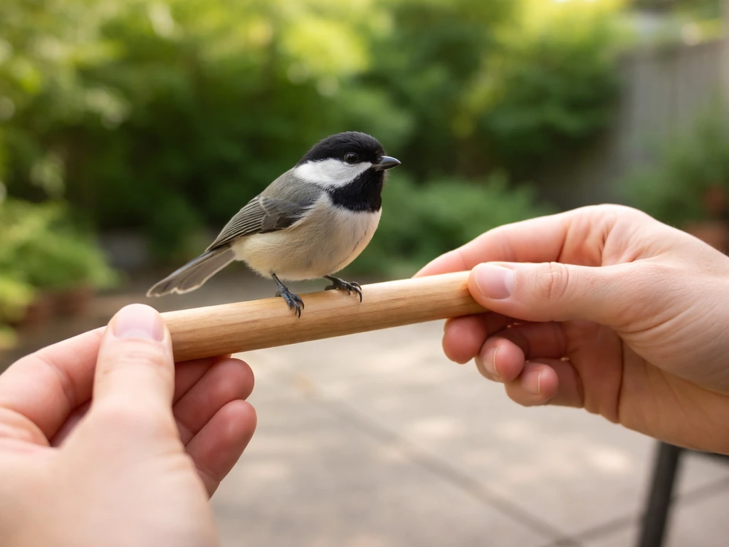 Calm hands gently guide a small pet bird onto a handheld perch in a quiet outdoor setting.