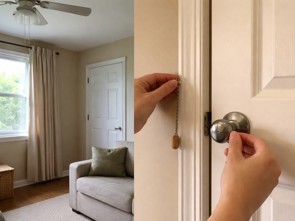 Hands closing a door while a ceiling fan is off and a window is shut in a prepared room.