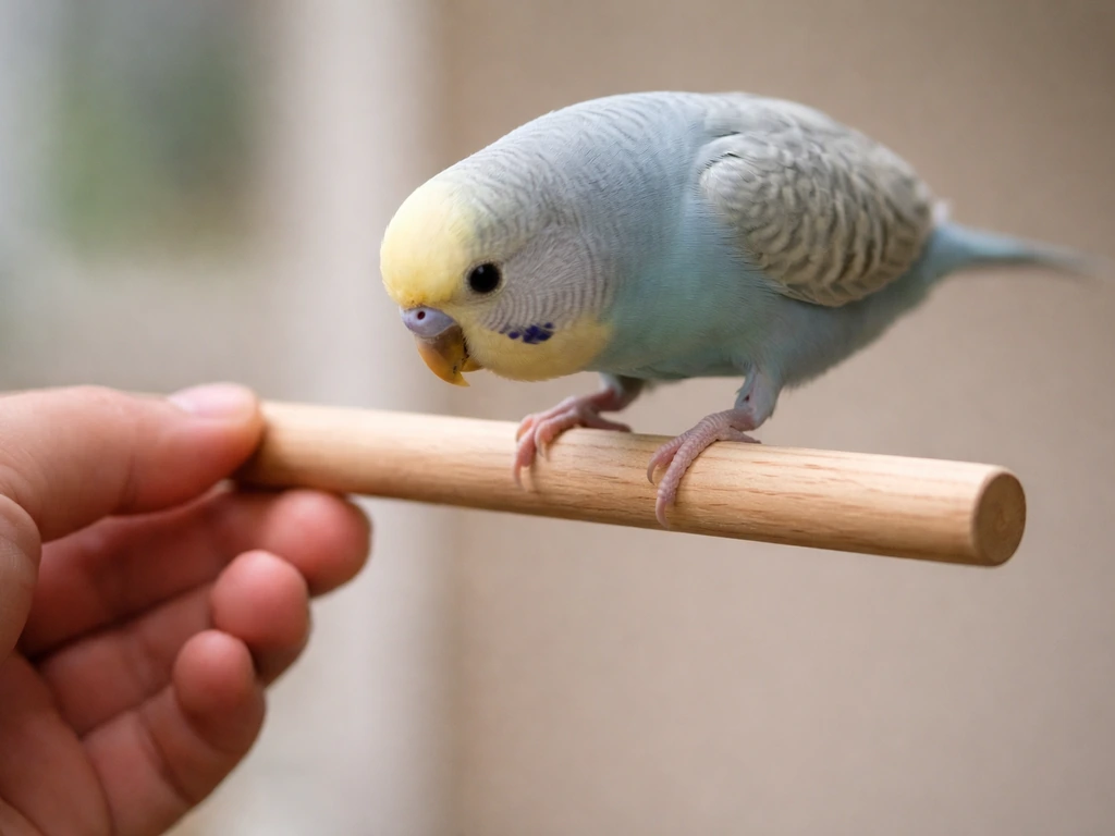 Hand-held perch stick held low under a bird’s chest as it steps up, calm training scene.