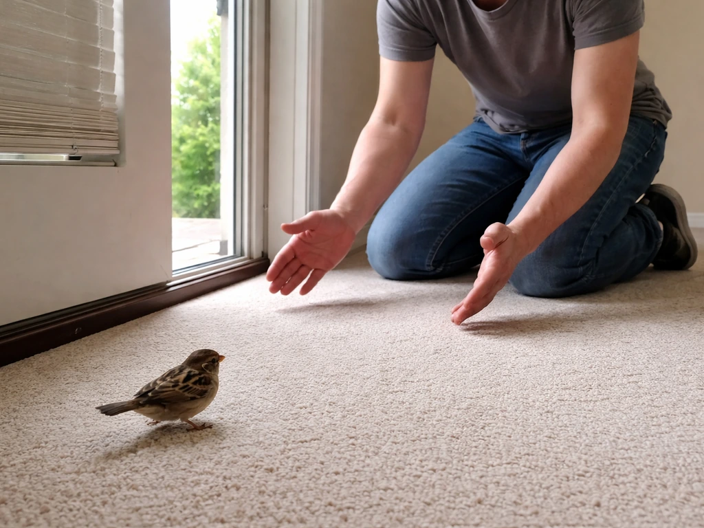 Handler pauses indoors as a small wild bird backs away toward an open, brightly lit exit.
