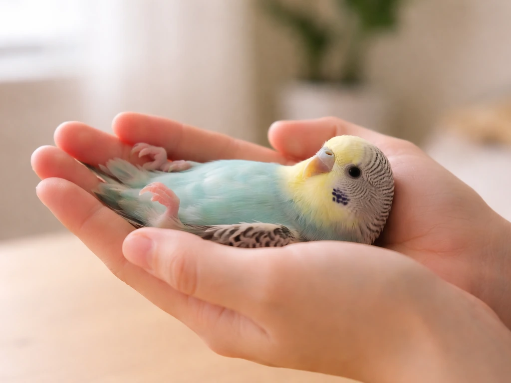 A small pet bird rests safely on a caregiver’s cupped hands in calm, gentle training lighting