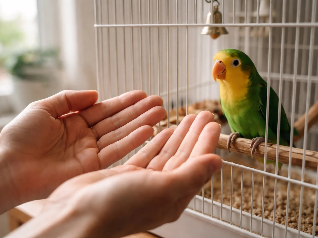 Gentle handler’s open hands held near a perched parrot inside a cage, showing safe non-contact readiness.