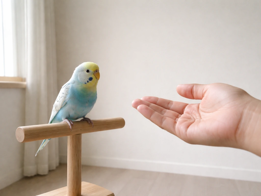 A small pet bird calmly approaches a human hand near a simple perch in a quiet training room.