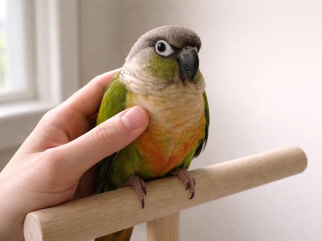 Small parrot on a perch, stiff and motionless while gently supported by a hand in soft natural light.