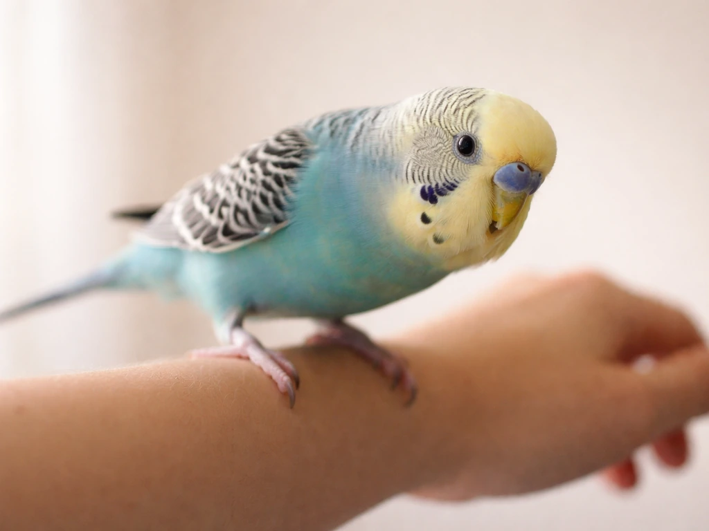 Small trained parrot perched on a supported forearm, actively shifting weight cooperatively.