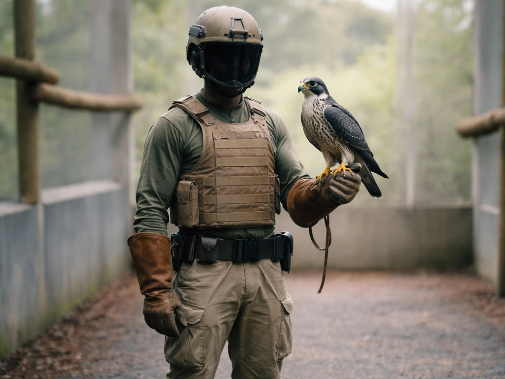 A raptor handler in protective gear holds a hawk/falcon perched on a gloved arm in a controlled aviary.