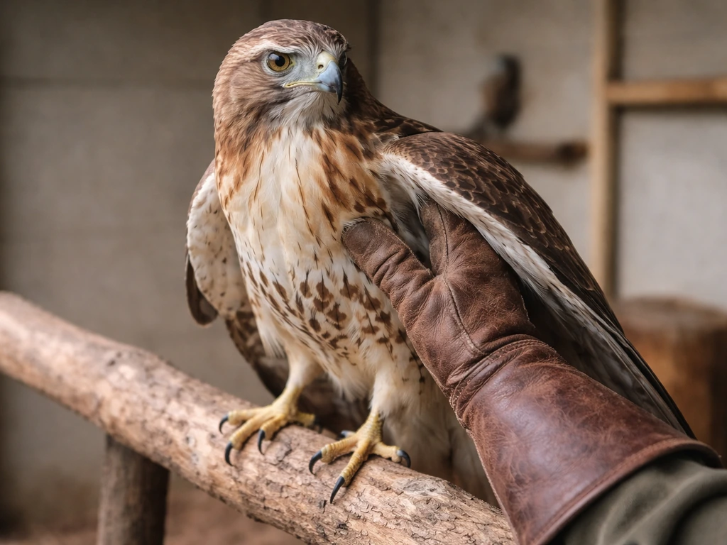 Gloved bird handler gently checks a raptor perched on a natural wood perch in a calm rehab setting