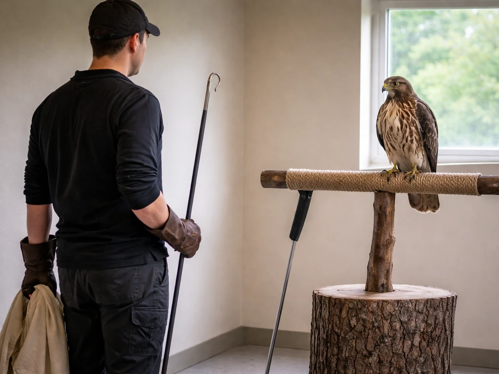 Raptor handler observing a perched raptor with safe distance, training gear ready in a calm indoor setting.