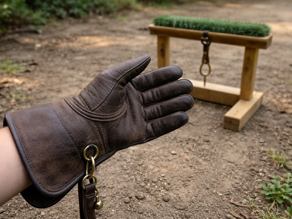 A properly fitted leather falconry glove on a handler’s hand beside a simple perching/handing stand setup
