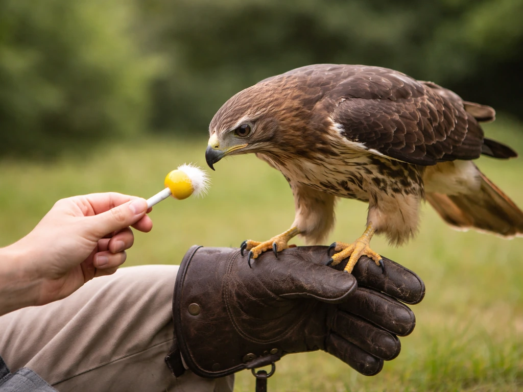 A hawk calmly steps onto a handler’s gloved hand during gentle step-up training with a lure and reward.