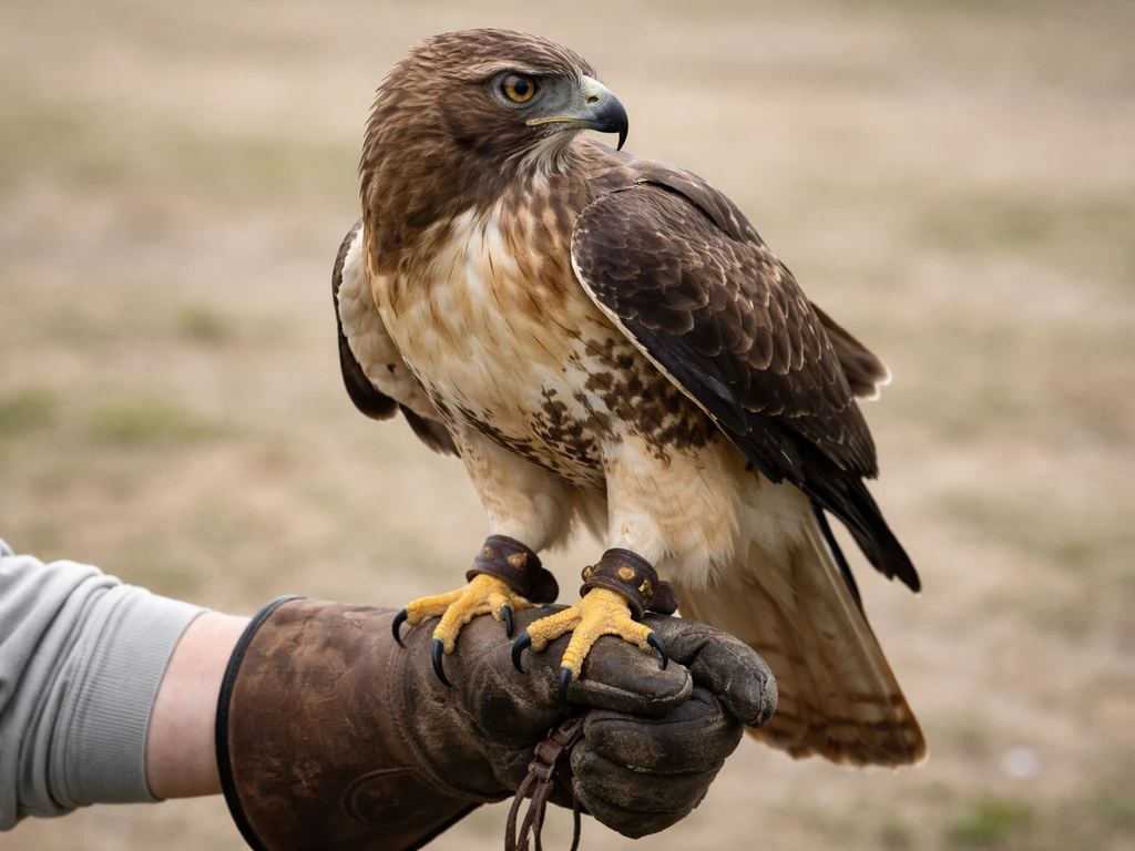 A raptor grips a handler’s glove in a defense stance with talons, paused in a safe outdoor setting.