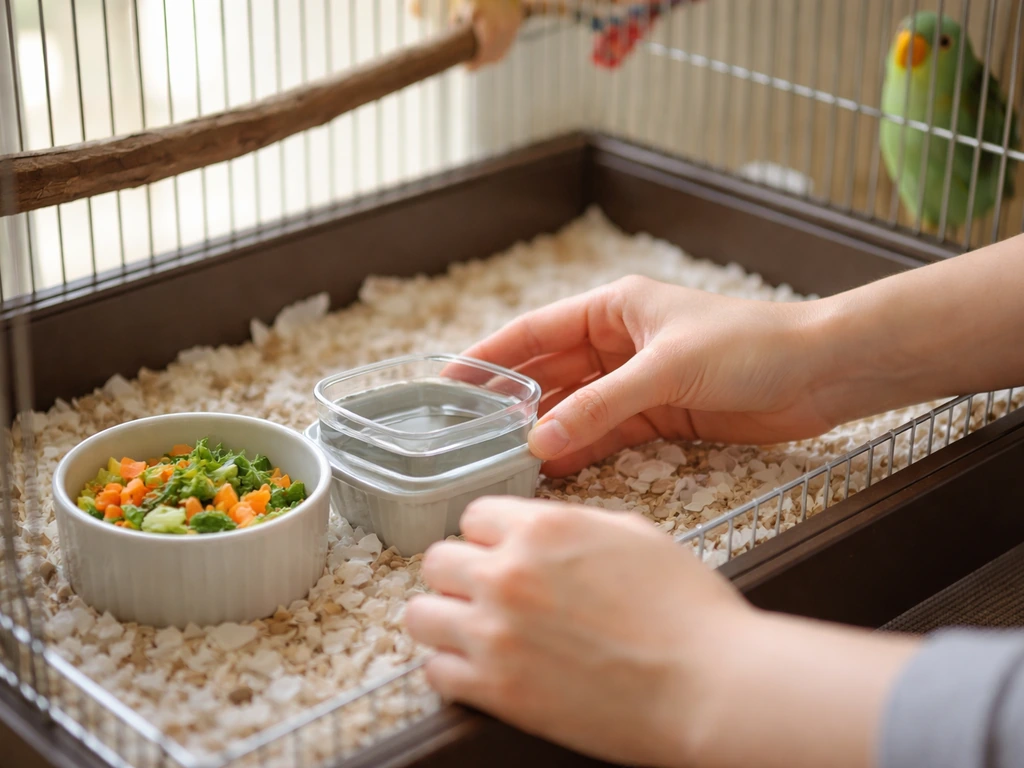 Anonymous hands carefully setting up a bird cage with fresh food and water, gently checking in.