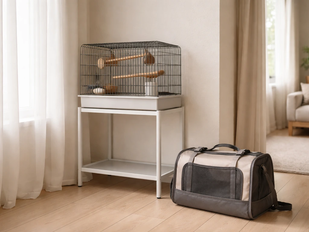 Quiet room setup for a pet bird: cage and travel carrier placed in a calm, draft-free spot.