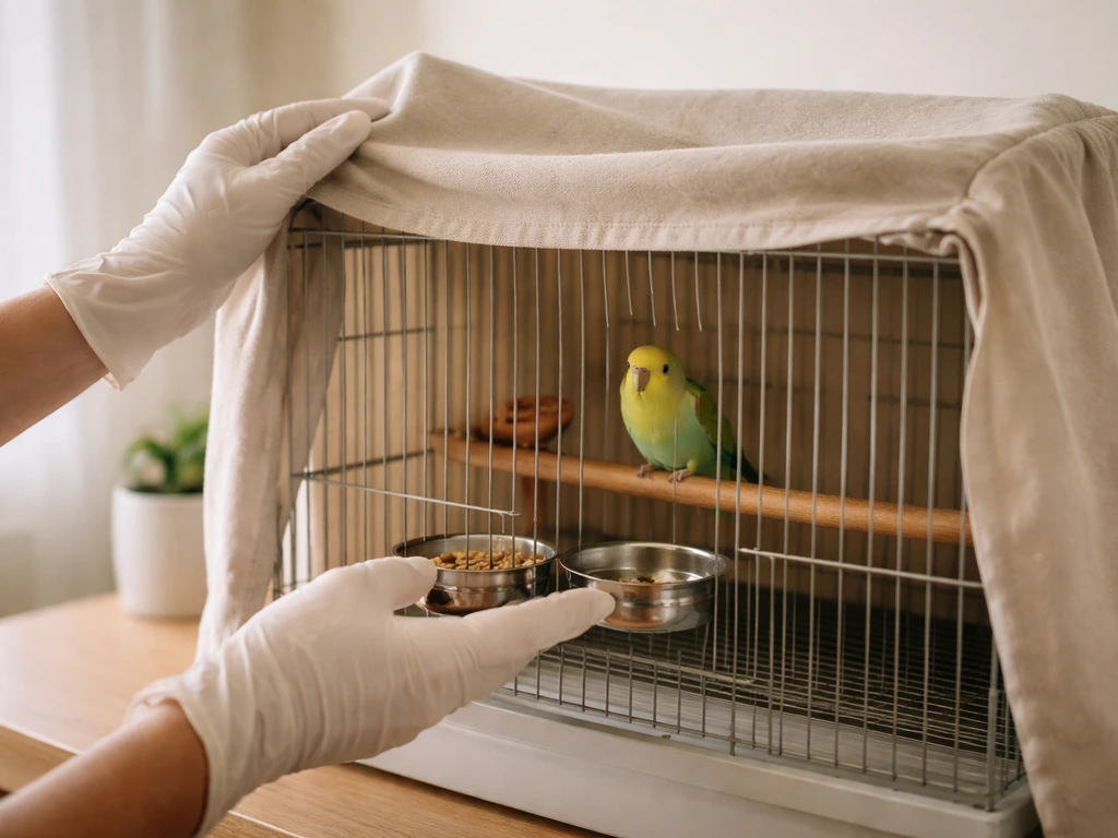 Gloved hands calmly uncover a small bird cage and refresh food and water in morning light.