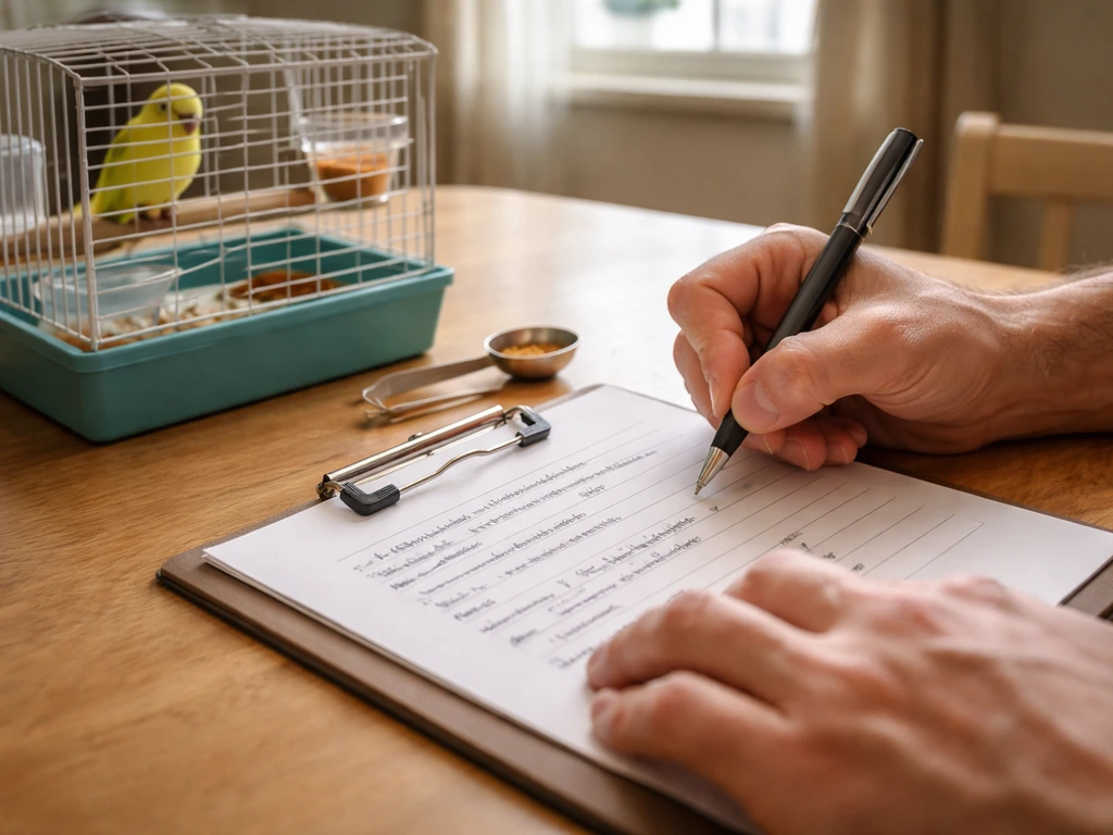 Person filling out and signing a bird-sitting intake checklist on a clipboard with key details visible.