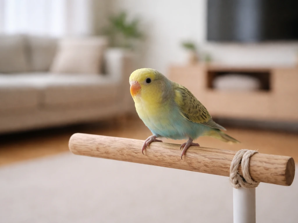A small pet bird perched on a wood dowel in a safe, bright indoor room for voluntary free-flight training.