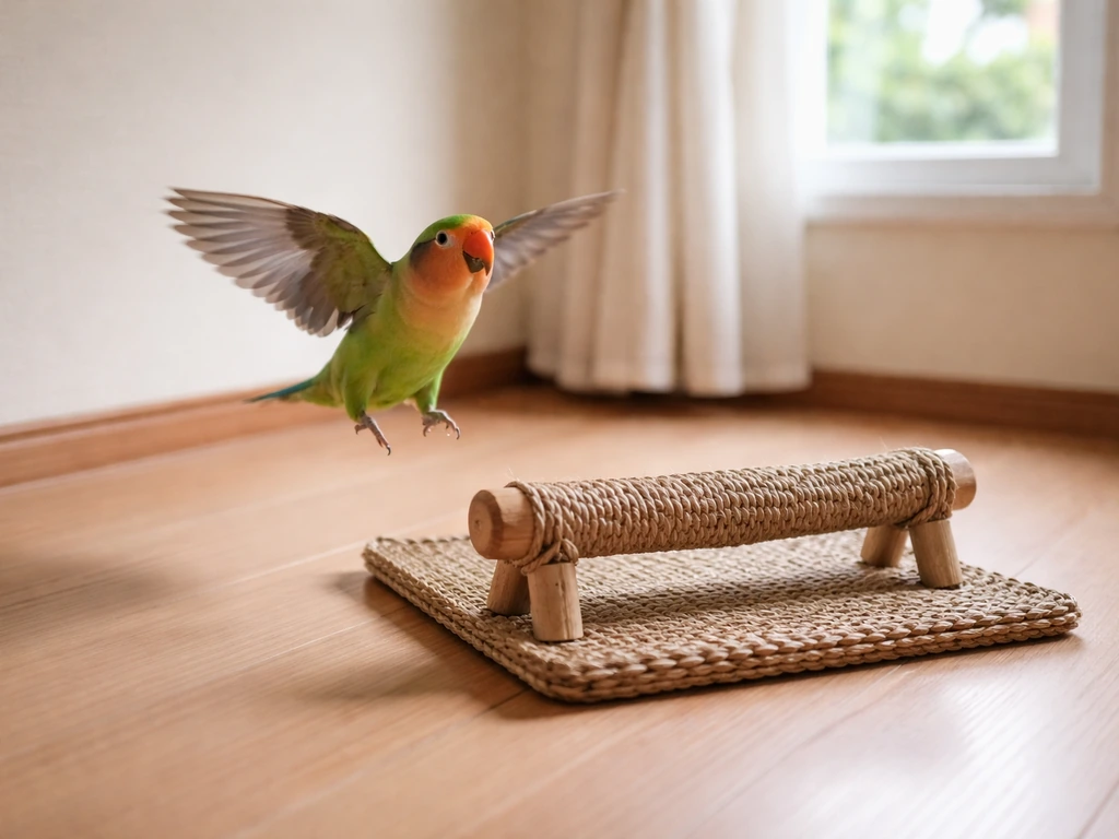 A small pet parrot leaves a perch toward a low indoor landing spot in a calm, controlled room.