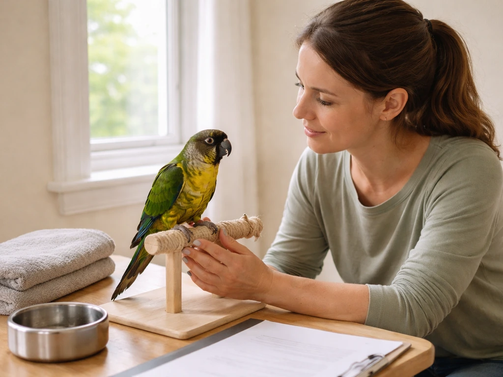 Bird trainer gently checks a calm parrot and a vet-style checklist in a quiet room before flight training.