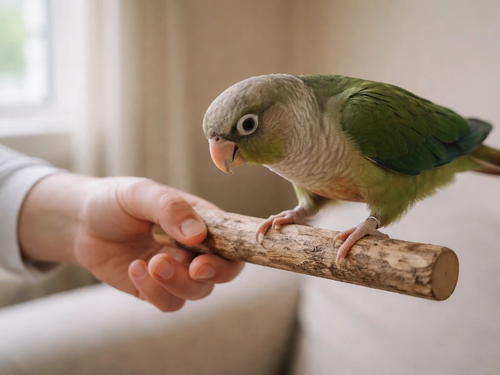 A small parrot calmly steps onto a human hand perch indoors, showing trust and readiness.