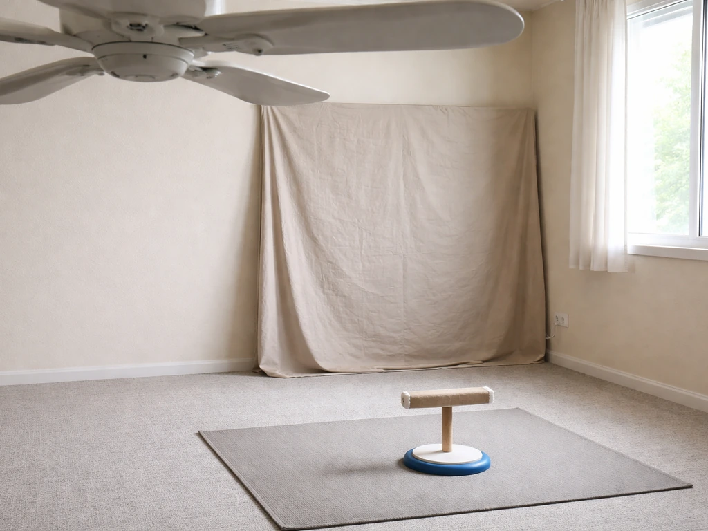 Quiet training room with a covered mirror and a single landing target on the floor