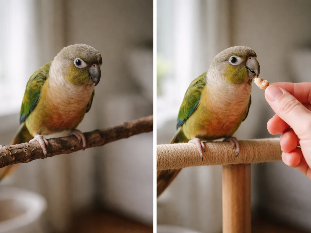A trainer’s hand offers a treat while a small parrot perches on a safer nearby branch in soft light.
