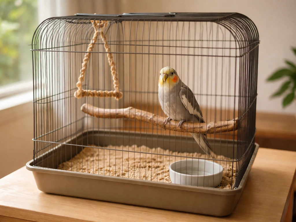 A cockatiel or parakeet perched on natural wood perches inside a calm, well-sized bird cage by a window.