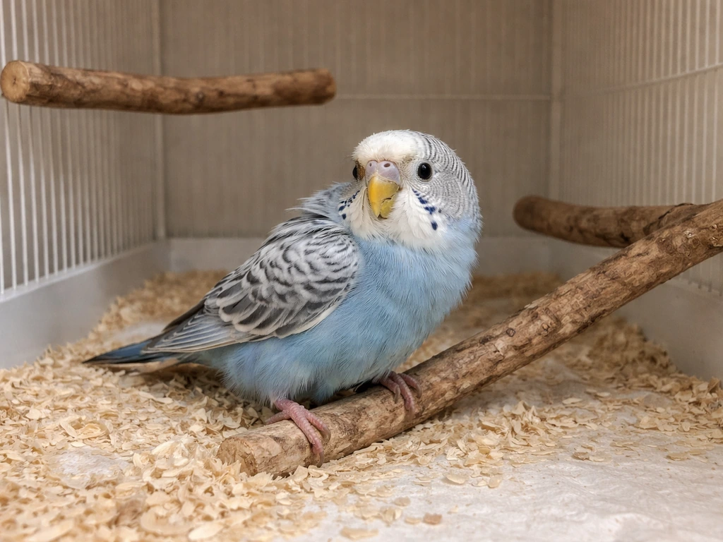 Small pet bird in an enclosure leaning away with compressed feathers, showing fear stress body language