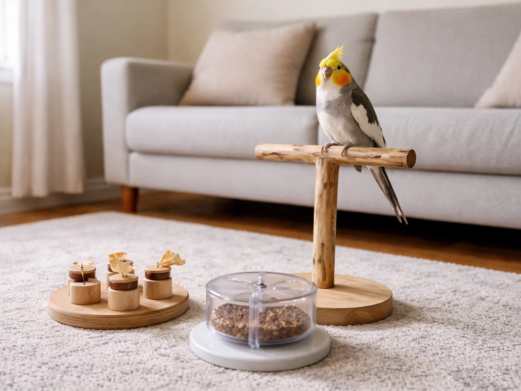 A small pet bird near safe foraging toys in a quiet family room with natural household ambiance