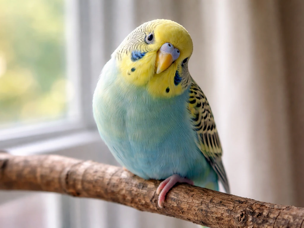 Calm parakeet on a wooden perch with relaxed feathers, one foot tucked, near-window natural light.