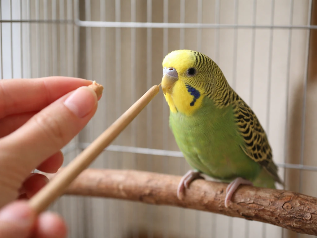 Close-up of a hand near a small parrot on a perch while a stick target and treat reward are visible